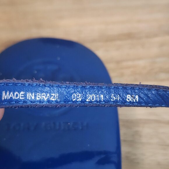 Tory Burch Sandals Womens Size 8 Blue Patent Leather Braided Thong Gold Logo - Picture 14 of 14